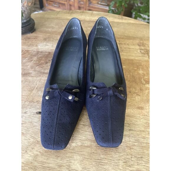 Stuart Weitzman Navy Suede Pumps Retro Inspired Square Toe Bow Low Heel Size 6 - Picture 2 of 6